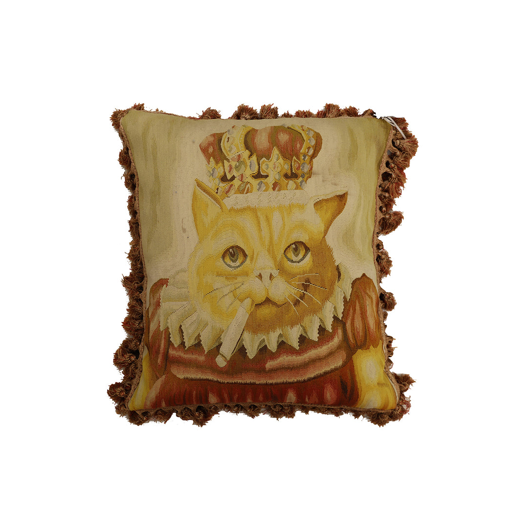 2'x2' Handwoven Aubusson Style Pictorial Pillow – Smoking Cat with Crown