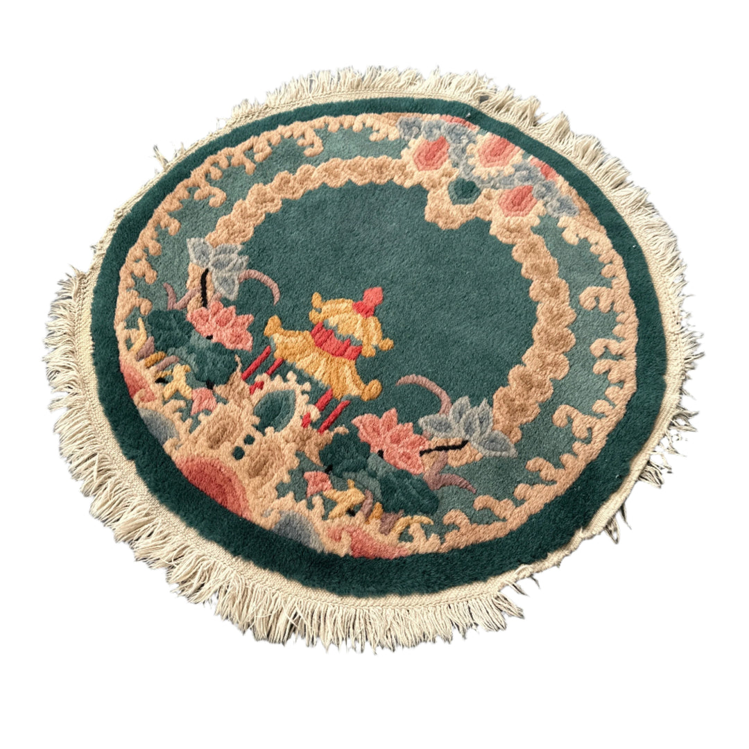 Small Round Rug | Green Wool | Art Deco Rug