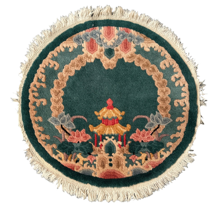 Small Round Rug | Green Wool | Art Deco Rug