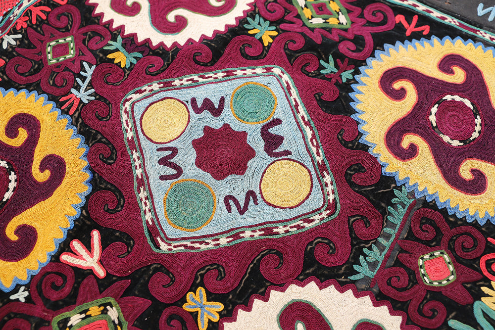 Close-up of a colorful embroidered fabric with intricate patterns