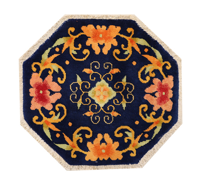 2'x2' Vintage Chinese Art Deco Rug | Hexagon Floral Navy Rug