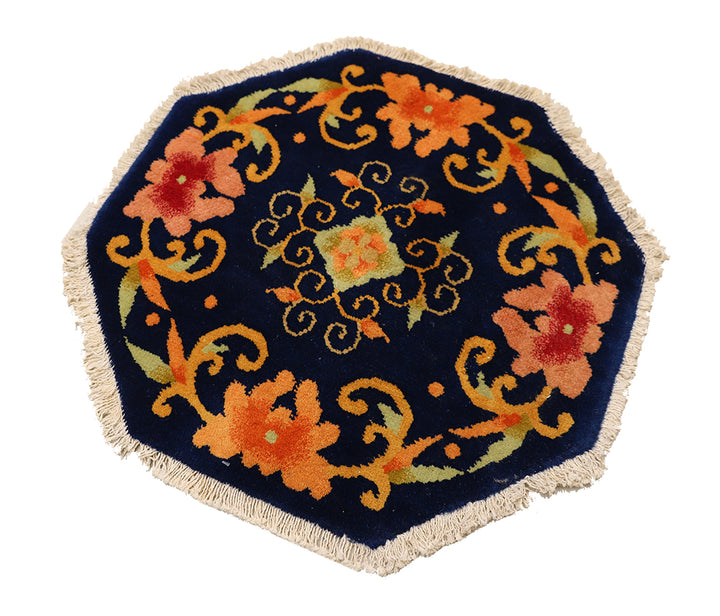 2'x2' Vintage Chinese Art Deco Rug | Hexagon Floral Navy Rug