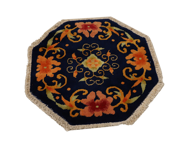 2'x2' Vintage Chinese Art Deco Rug | Hexagon Floral Navy Rug