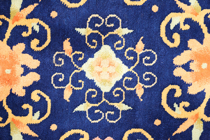 2'x2' Vintage Chinese Art Deco Rug | Hexagon Floral Navy Rug