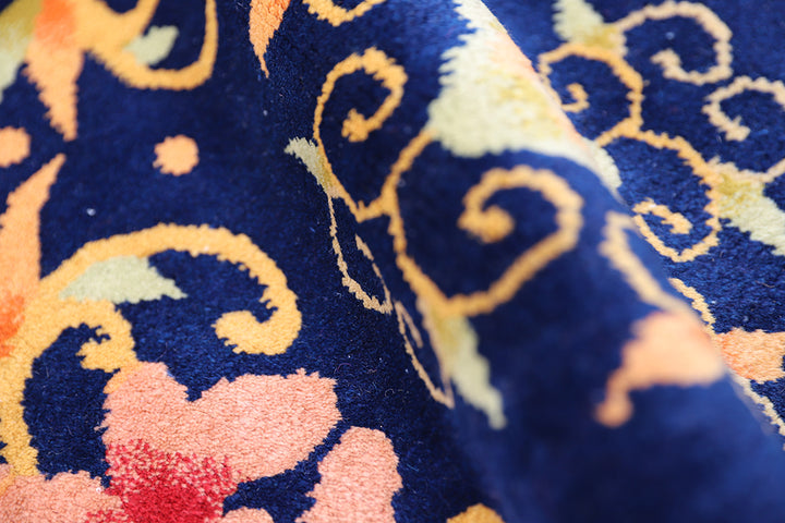 2'x2' Vintage Chinese Art Deco Rug | Hexagon Floral Navy Rug