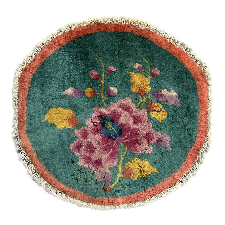 2'x2' Vintage Chinese Art Deco Rug | Small Round Green Floral Wool Rug