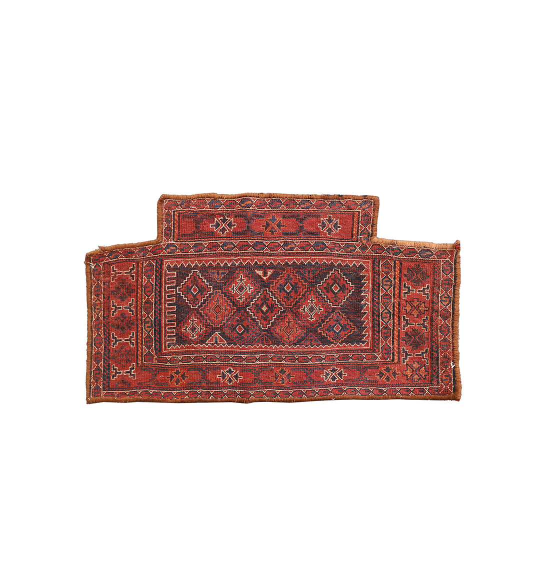 Decorative red and brown patterned rug on a white background