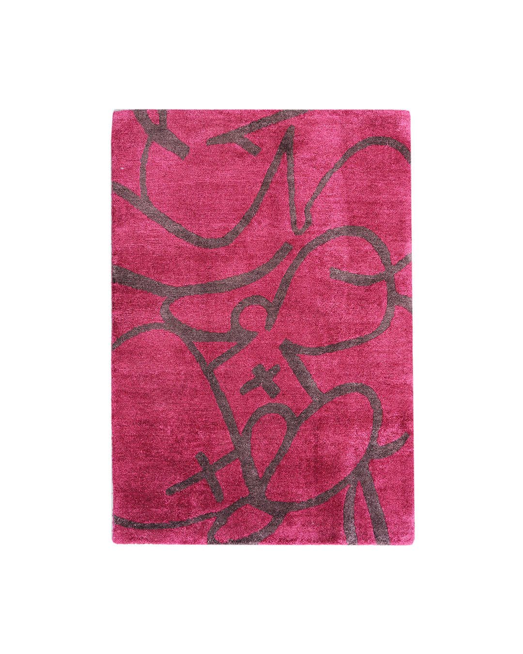 Pink rug with black abstract patterns on a white background