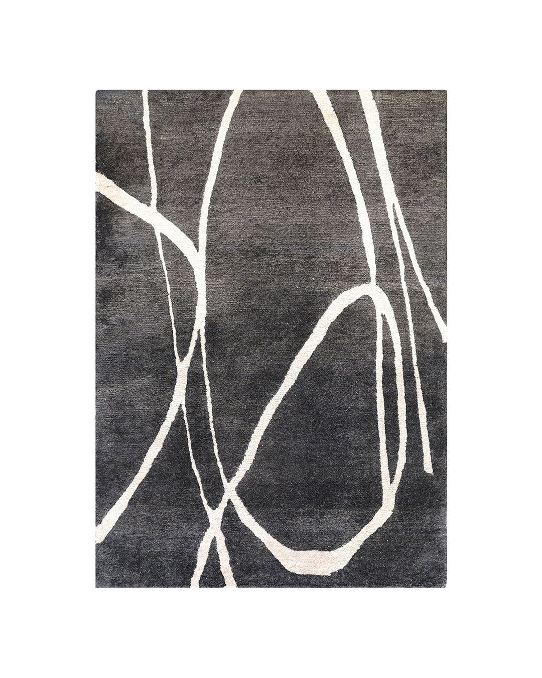 Gray area rug with white abstract lines on a white background