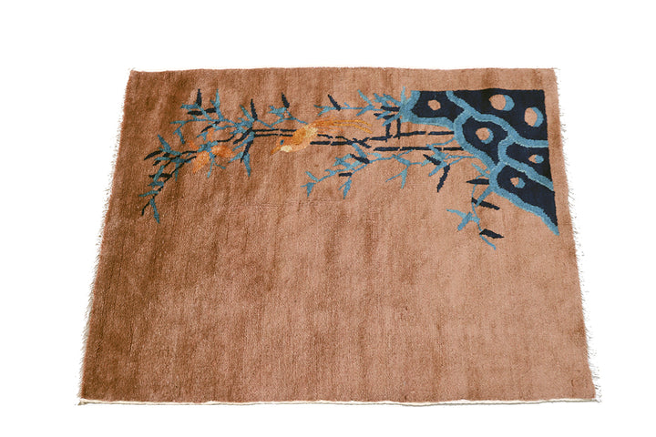 2'x3' Small Brown & Blue Floral Chinese Art Deco Rug