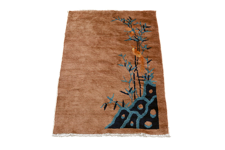 2'x3' Small Brown & Blue Floral Chinese Art Deco Rug