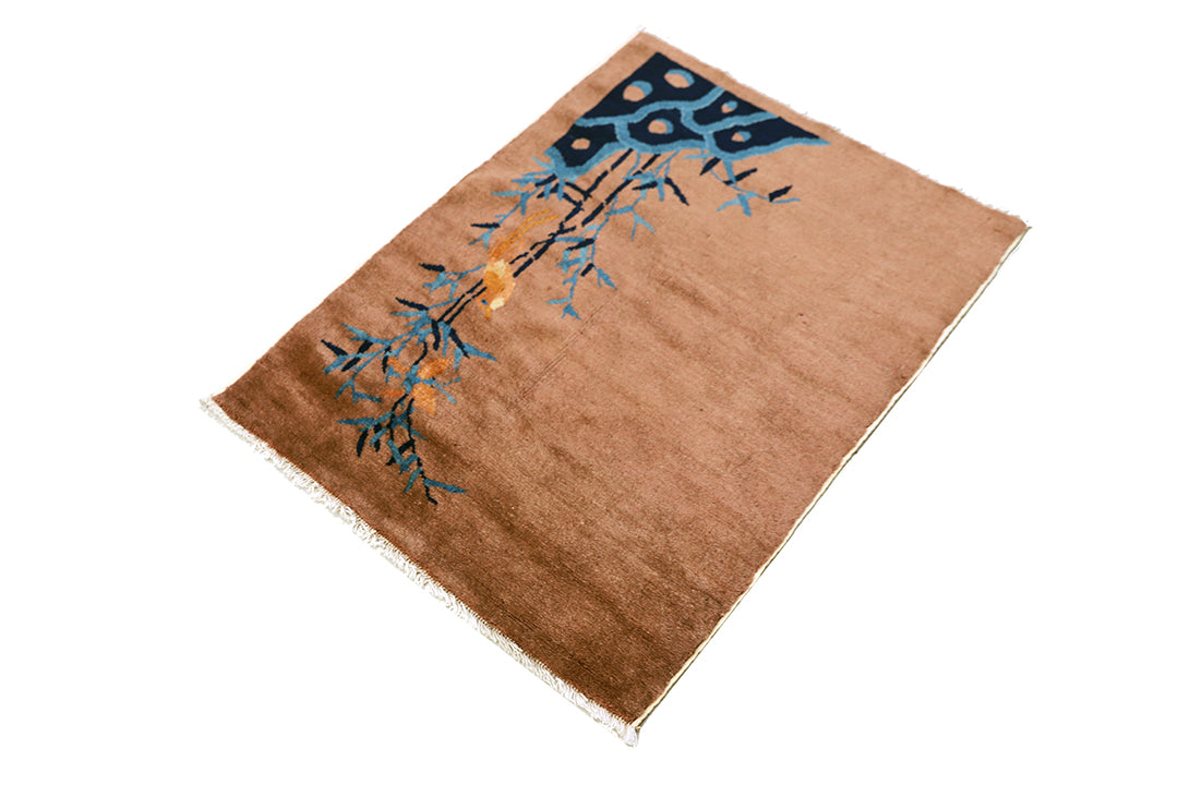 2'x3' Small Brown & Blue Floral Chinese Art Deco Rug