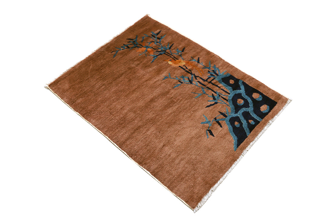 2'x3' Small Brown & Blue Floral Chinese Art Deco Rug