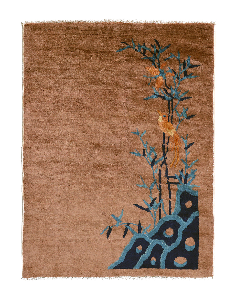 2'x3' Small Brown & Blue Floral Chinese Art Deco Rug