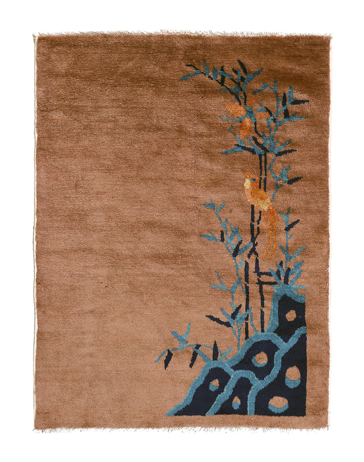 2'x3' Small Brown & Blue Floral Chinese Art Deco Rug