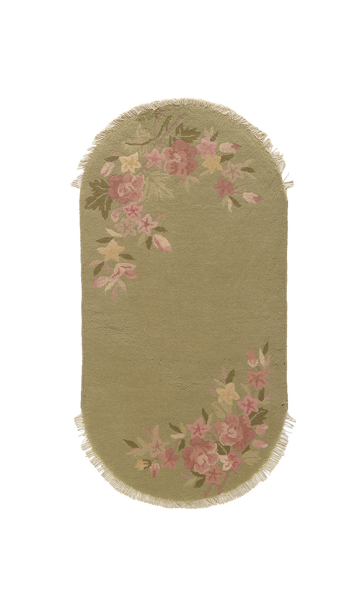 2'x4' Art Deco Rug | Chinese | Oval | Vintage | Green, Pink