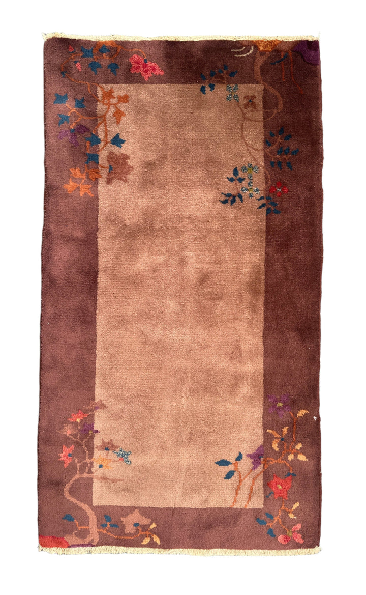 2'x4' Small Brown & Tan Floral Chinese Art Deco Rug