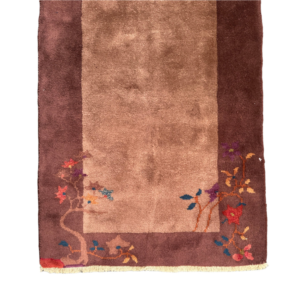 2'x4' Small Brown & Tan Floral Chinese Art Deco Rug