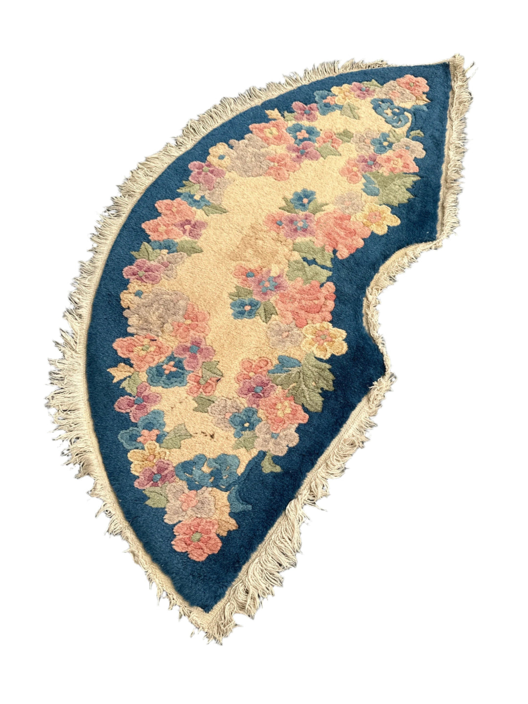 2'x4' Fan Shaped Beige & Blue Floral Art Deco Rug