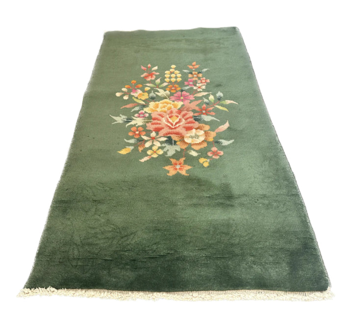 2'x4' Green Floral Vintage Chinese Art Deco Wool Rug