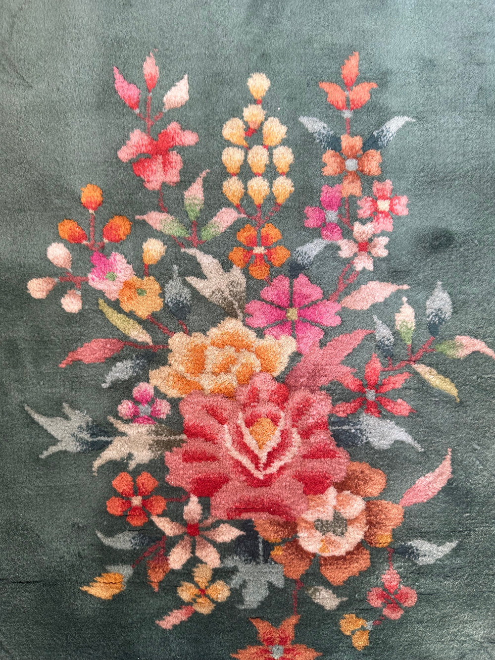 2'x4' Green Floral Vintage Chinese Art Deco Wool Rug