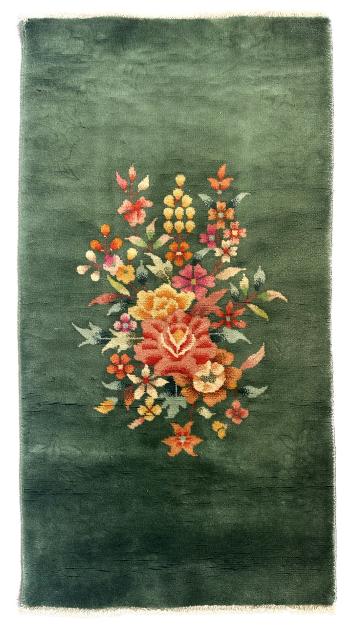 2'x4' Green Floral Vintage Chinese Art Deco Wool Rug