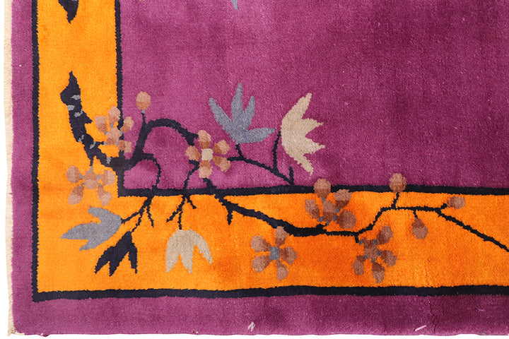 Small Rug |Purple & Yellow Floral Chinese Art Deco Rug