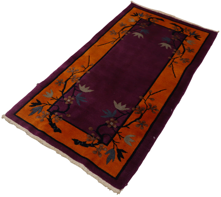 Small Rug |Purple & Yellow Floral Chinese Art Deco Rug