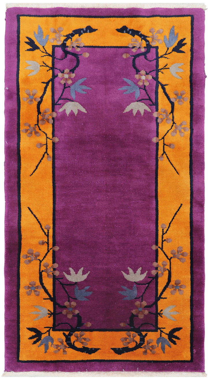 Small Rug |Purple & Yellow Floral Chinese Art Deco Rug