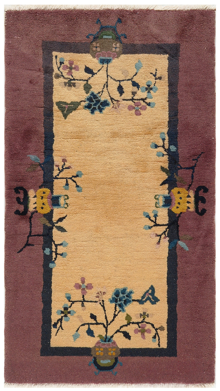 2'x4' Small Beige & Mauve Floral Vintage Art Deco Rug