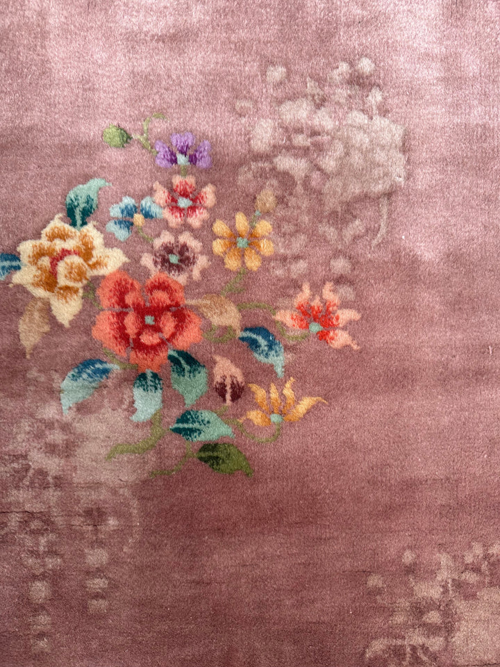 2'x4' Small Brown Floral Vintage Chinese Art Deco Wool Rug