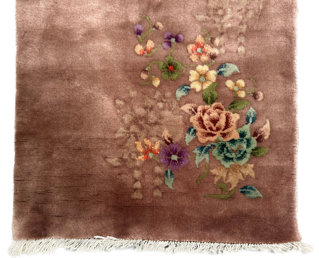 2'x4' Small Brown Floral Vintage Chinese Art Deco Wool Rug