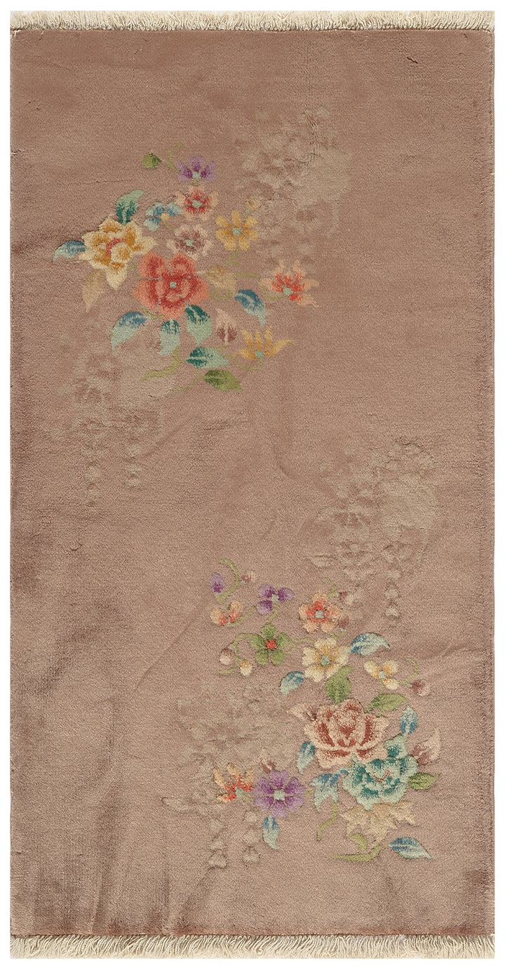 2'x4' Small Brown Floral Vintage Chinese Art Deco Wool Rug