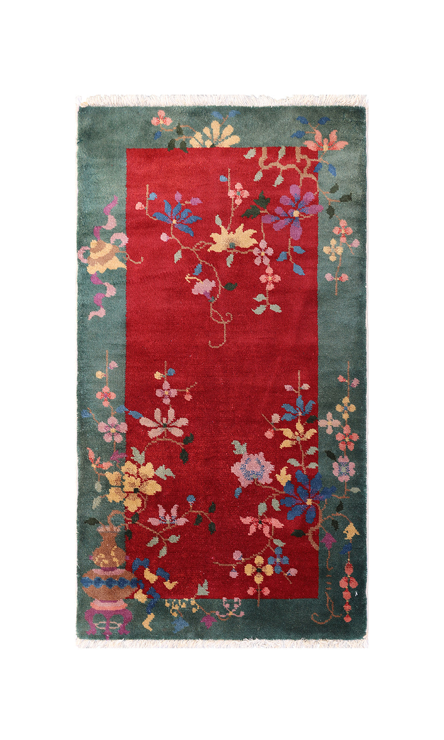 2x4 small red and green floral vintage Chinese Art Deco hand knotted wool scatter rug by Ariana Rugs