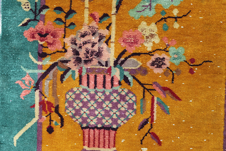 Small Rug | Orange & Green Vintage Chinese Art Deco Rug
