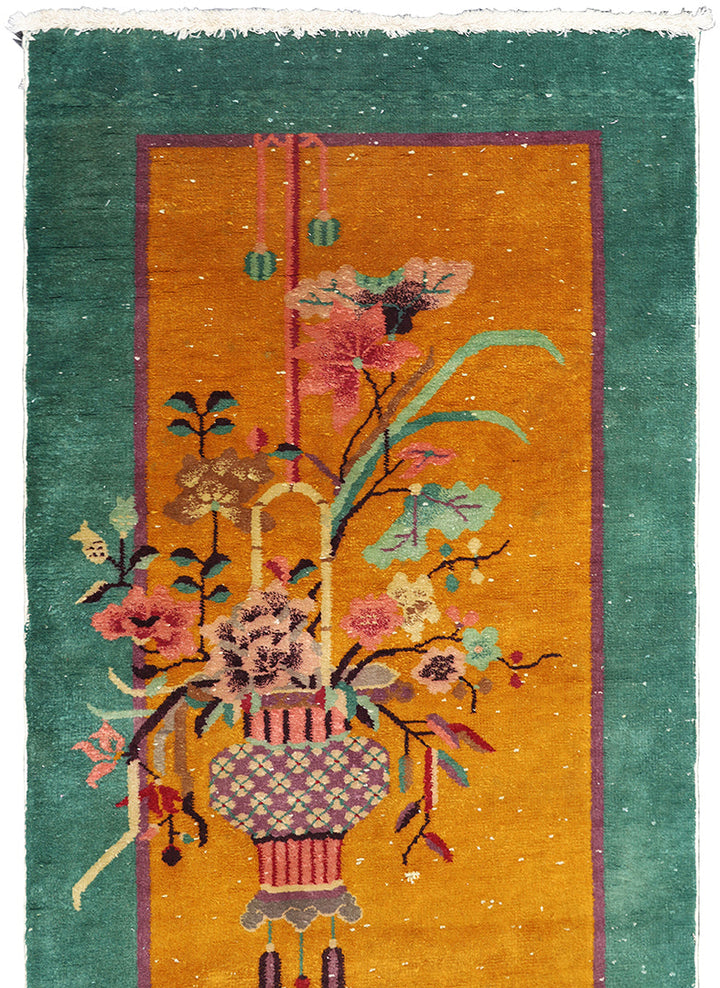 Small Rug | Orange & Green Vintage Chinese Art Deco Rug