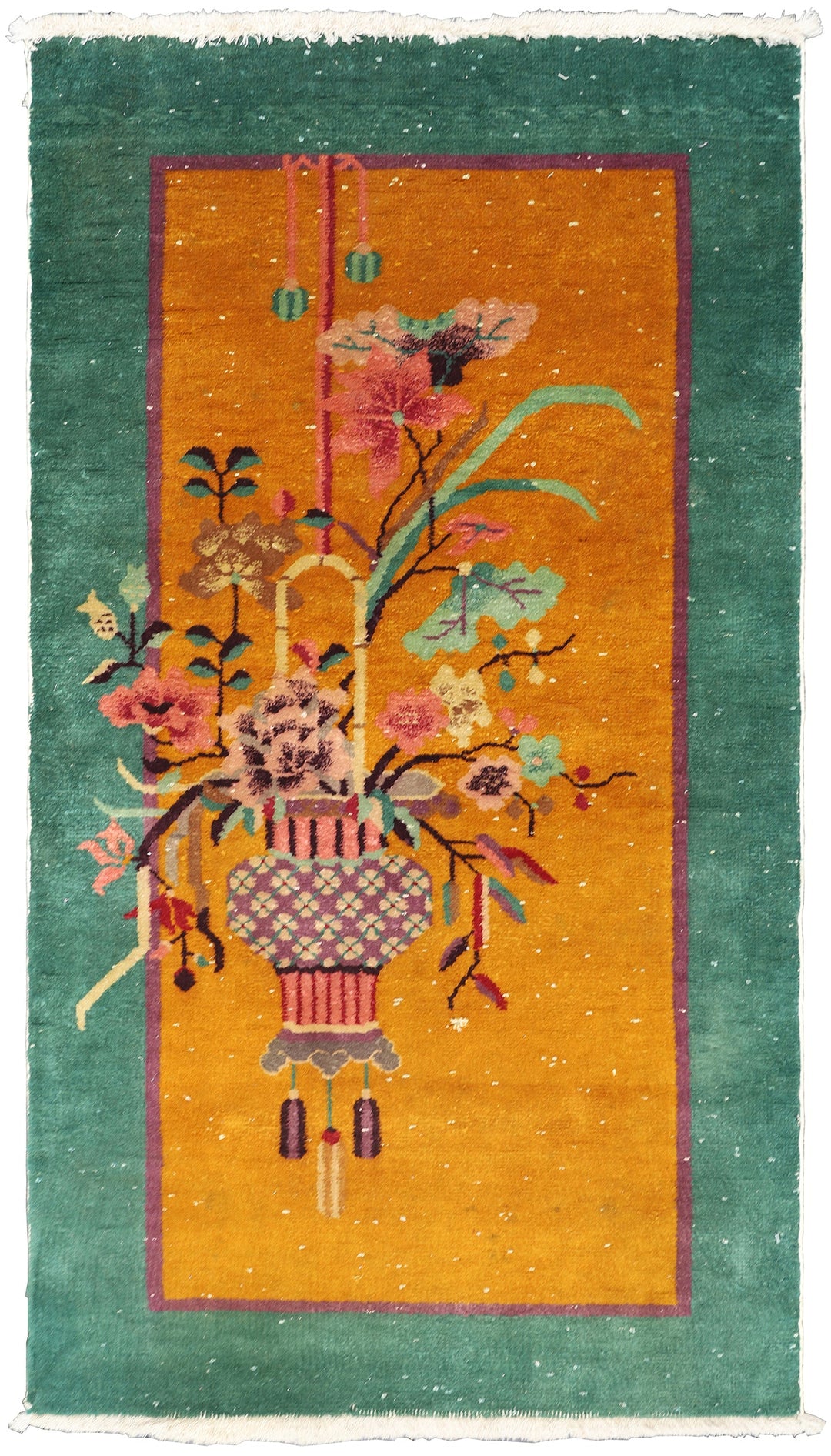 Small Rug | Orange & Green Vintage Chinese Art Deco Rug