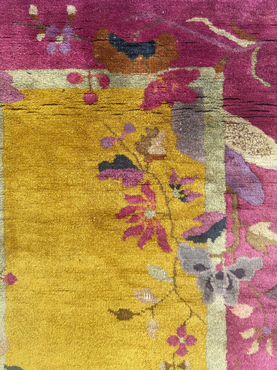 2'x4' Small Yellow & Pink Floral Art Deco Wool Rug