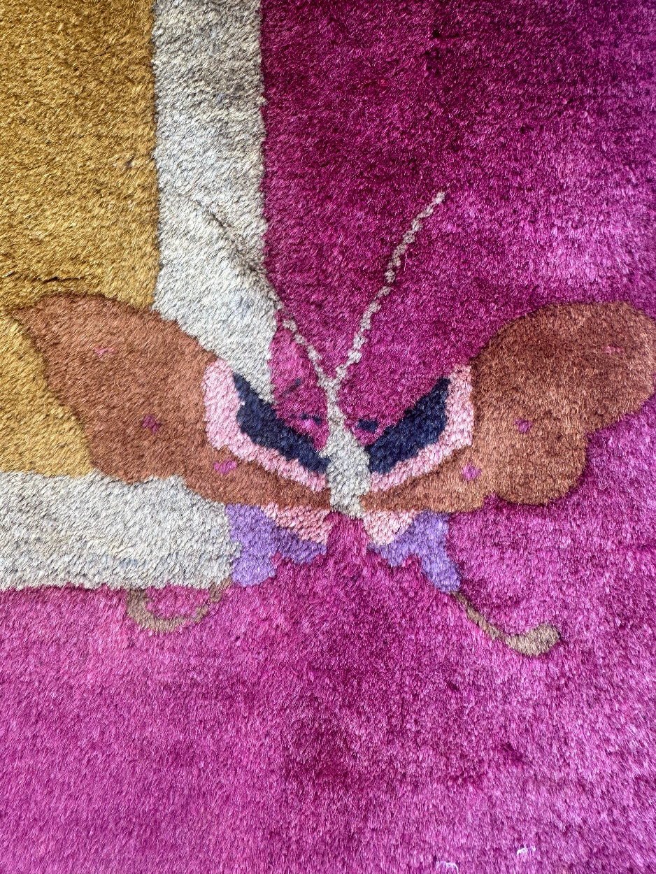 2'x4' Small Yellow & Pink Floral Art Deco Wool Rug