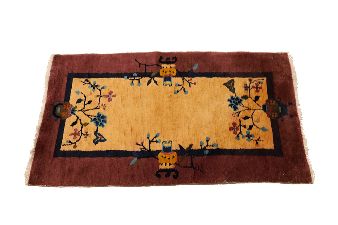 2'x4' Vintage Art Deco Rug | Small Beige & Mauve Floral 