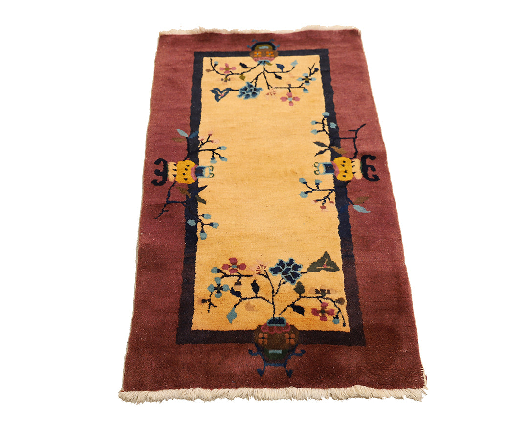 2'x4' Vintage Art Deco Rug | Small Beige & Mauve Floral 