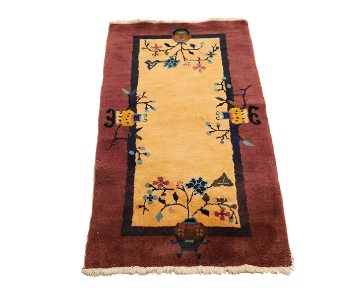 2'x4' Vintage Art Deco Rug | Small Beige & Mauve Floral 