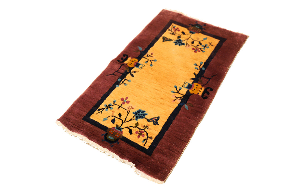 2'x4' Vintage Art Deco Rug | Small Beige & Mauve Floral 