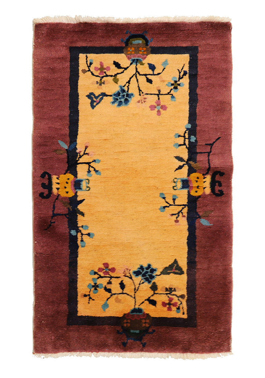 2'x4' Vintage Art Deco Rug | Small Beige & Mauve Floral 