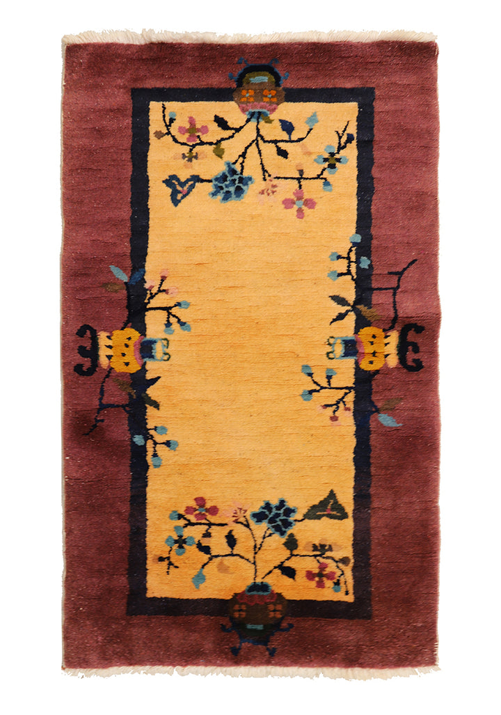 2'x4' Vintage Art Deco Rug | Small Beige & Mauve Floral 