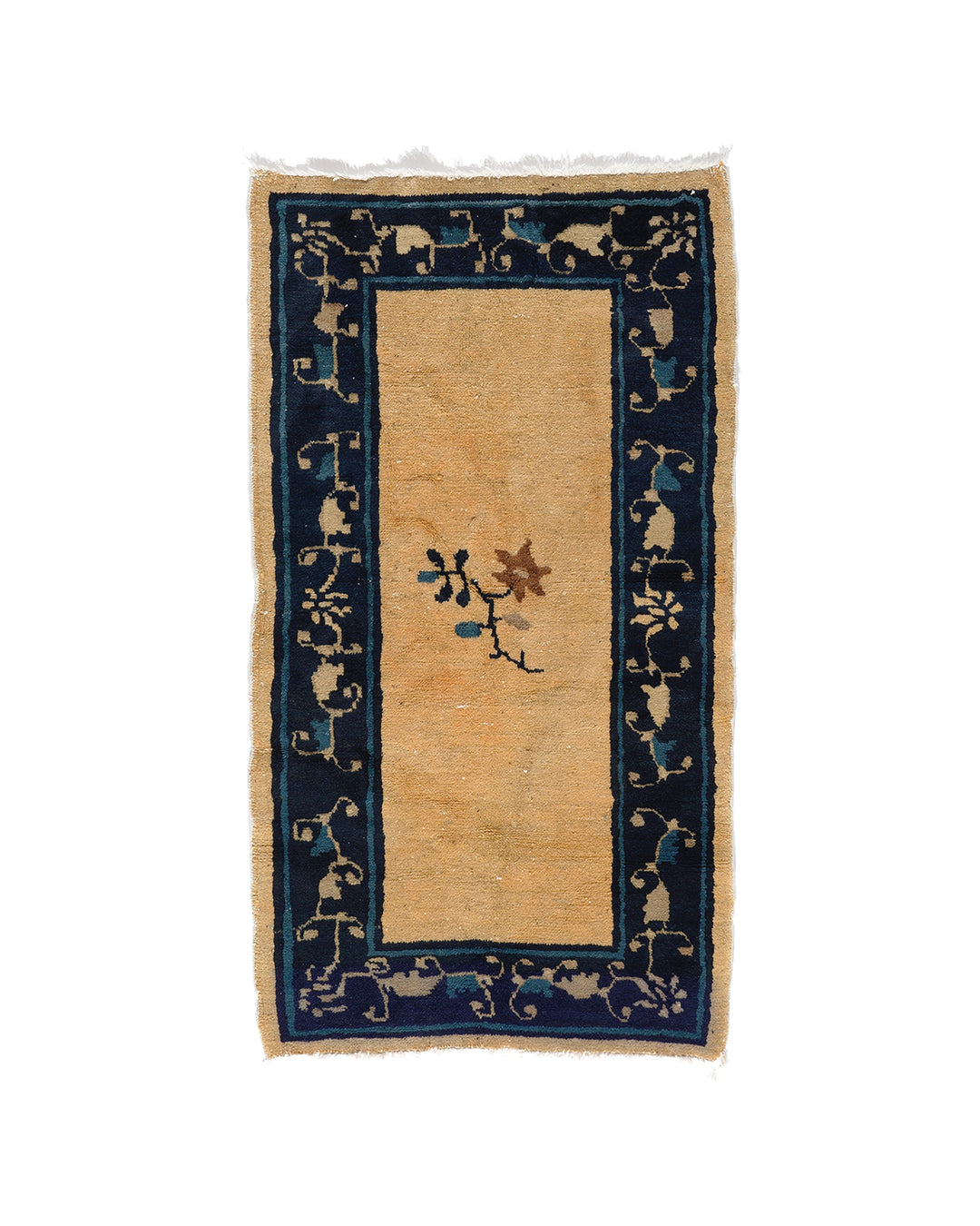 2'x4' Tan and Navy Blue Floral Chinese Vintage Art Deco Rug