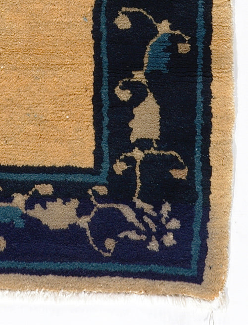 2'x4' Tan and Navy Blue Floral Chinese Vintage Art Deco Rug