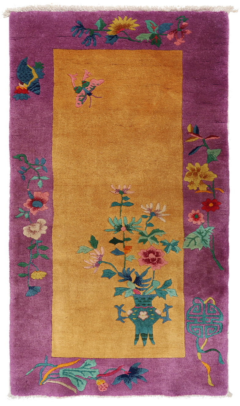 2'x4' Vintage Chinese Art Deco Rug | Small Rug | Floral Rug