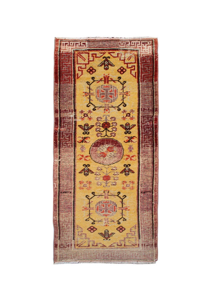 Rare 2x7 antique Samarkand hand-knotted wool runner rug featuring three medallions on a golden-yellow field with purple Greek key border by Ariana Rugs.