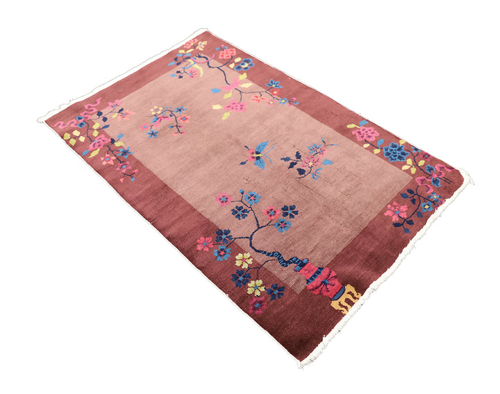 3'x5' Vintage Chinese Art Deco Rug | Dark Brown Floral Rug